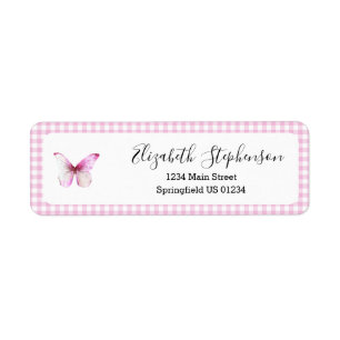 Roze Gingham Kleine Vlinder Retouradres Etiket