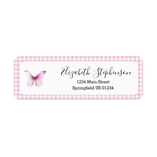 Roze Gingham Kleine Vlinder Retouradres Etiket (Voorkant)