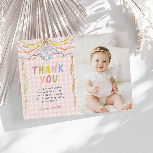 Roze Gingham Kleurrijk Meisje Verjaardagsfeest Fot Bedankkaart
