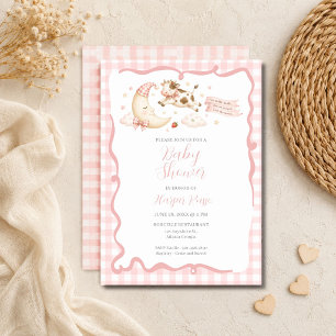 Roze Gingham Koe Maan Baby Shower Uitnodiging