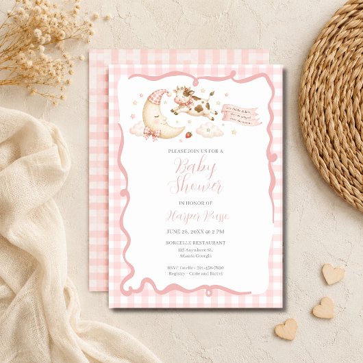 Roze Gingham Koe Maan Baby Shower Uitnodiging