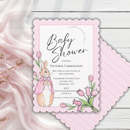 Roze Gingham Konijn Baby Shower Kaart