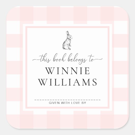 Roze Gingham Konijn Ex-Libris Sticker (Voorkant)