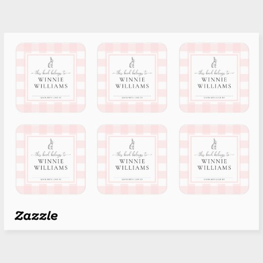 Roze Gingham Konijn Ex-Libris Sticker (Vel)