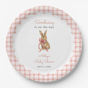 Roze Gingham Konijn Meisje Baby Shower Papieren Bordje