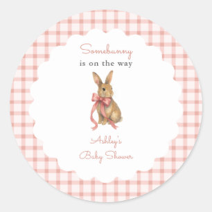 Roze Gingham Konijn Meisje Baby Shower Ronde Sticker