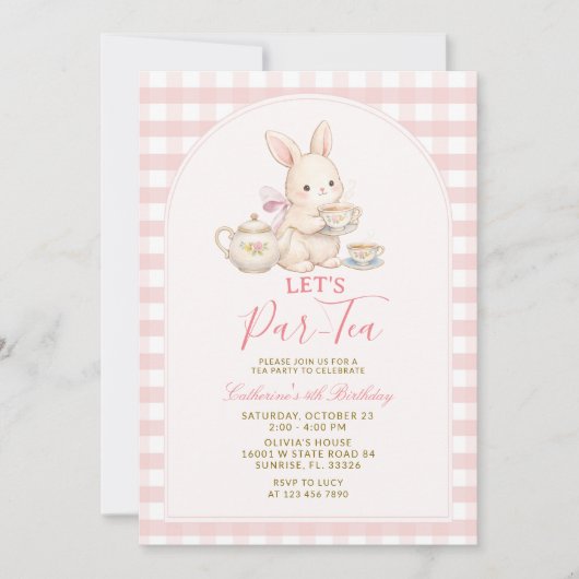 Roze Gingham Konijn Thee Feestje Verjaardagsuitnod Kaart (Voorkant)