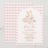 Roze Gingham Konijn Thee Feestje Verjaardagsuitnod Kaart (Voorkant / Achterkant)