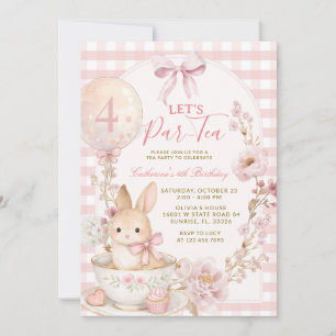 Roze Gingham Konijn Theepartij Meisje Verjaardag  Kaart