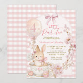 Roze Gingham Konijn Theepartij Meisje Verjaardag  Kaart (Voorkant / Achterkant)