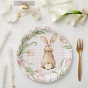 Roze Gingham Konijn Tulpen Bloemen  Papieren Bordje