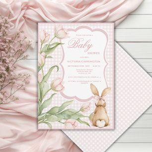Roze Gingham Konijn Tulpen Vintage Baby Shower  Kaart