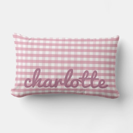 Roze Gingham kussen met naam in Script Font (Voorkant)
