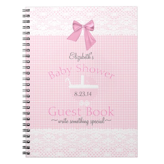 Roze Gingham Lace Afbeelding Baby shower Guest Boo Notitieboek (Voorkant)