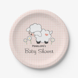 Roze Gingham Lamb Baby Meisje Douche Papieren Bordje