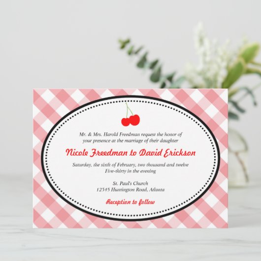 Roze gingham land roestachtig rood kerry bruiloft kaart (Staand voorkant)