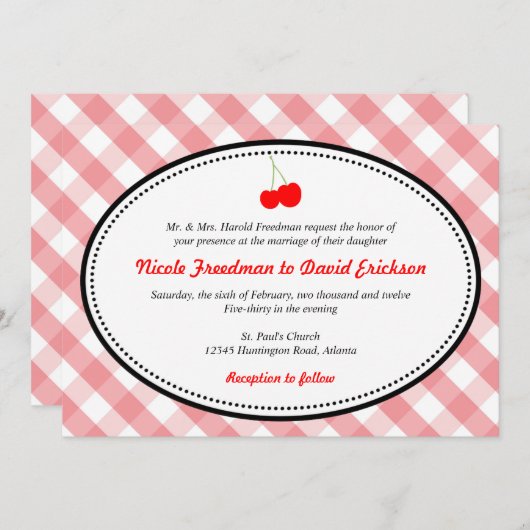 Roze gingham land roestachtig rood kerry bruiloft kaart (Voorkant / Achterkant)