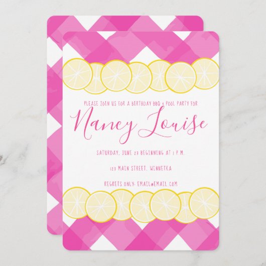 Roze Gingham & Lemon Uitnodiging (Voorkant / Achterkant)