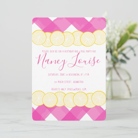Roze Gingham & Lemon Uitnodiging (Staand voorkant)