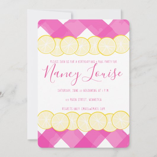 Roze Gingham & Lemon Uitnodiging (Voorkant)