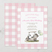 Roze Gingham Let's Par-Tee Golf Verjaardagsfeestje Kaart (Voorkant / Achterkant)