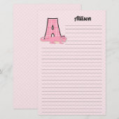Roze Gingham Letter A Girl's Monogram Briefpapier (Voorkant / Achterkant)