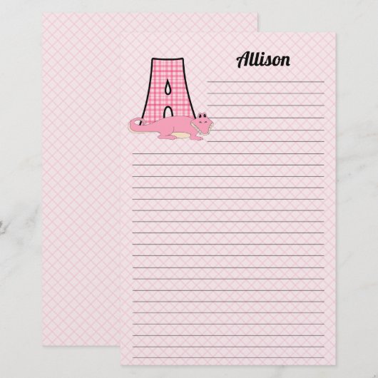 Roze Gingham Letter A Girl's Monogram Briefpapier (Voorkant / Achterkant)