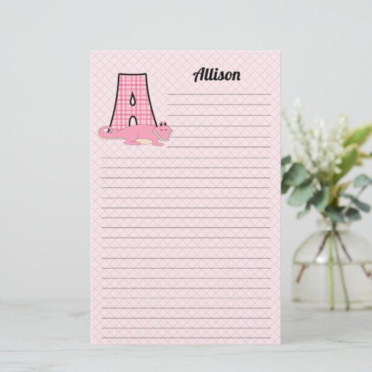 Roze Gingham Letter A Girl's Monogram Briefpapier (Staand voorkant)
