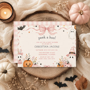 Roze Gingham Little Boo Halloween Baby Shower  Kaart
