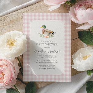 Roze Gingham Mallard Eend Meisje Baby Shower Kaart