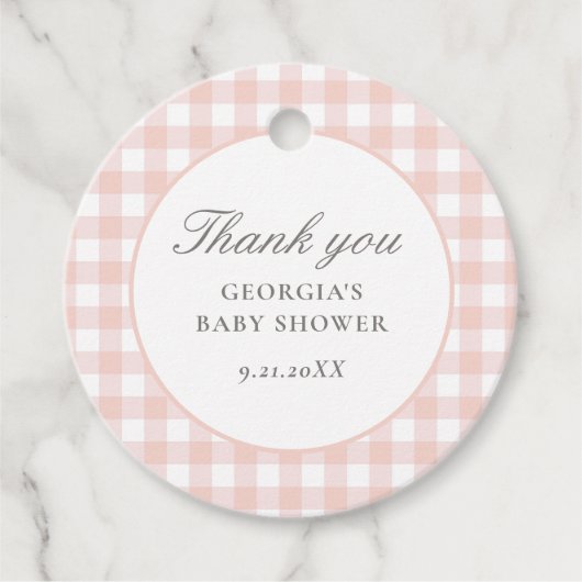 Roze Gingham Meisje Baby shower Bedankjes Labels (Voorkant)
