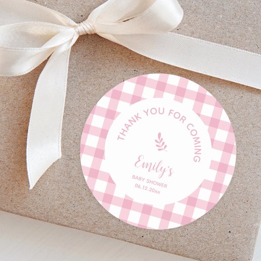 Roze Gingham Meisje Baby shower Bedankt voor het k Ronde Sticker