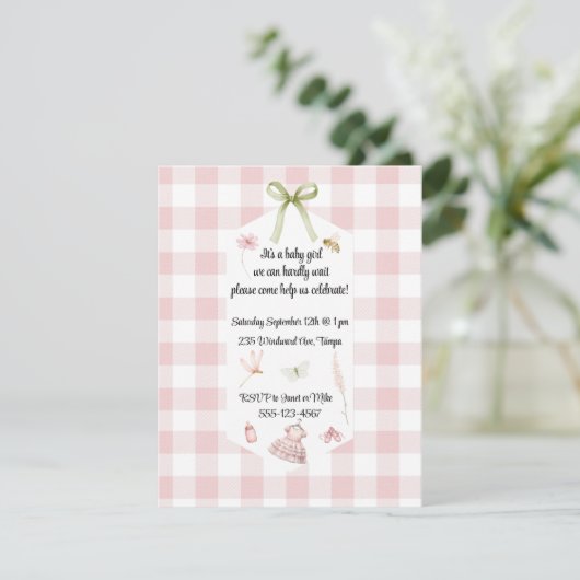 Roze Gingham Meisje Baby Shower Kaart (Staand voorkant)