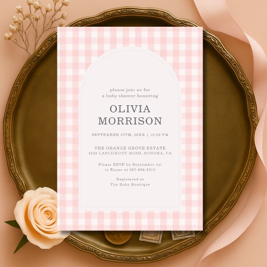 Roze Gingham Meisje Baby Shower Kaart