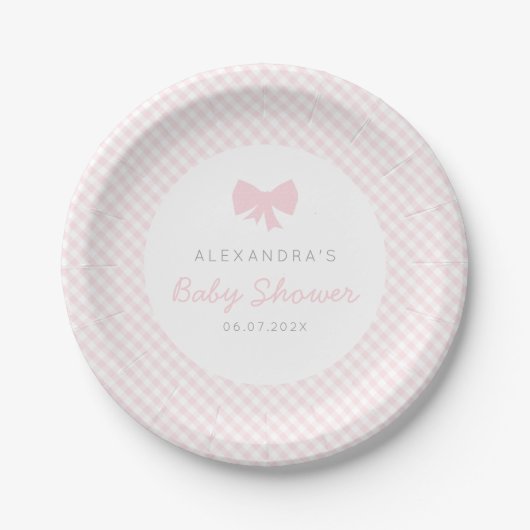 Roze gingham meisje baby shower papieren bordje (Voorkant)