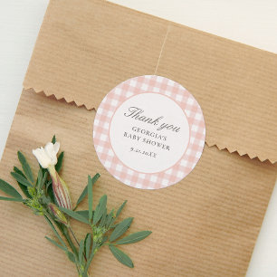 Roze Gingham Meisje Baby shower Ronde Sticker