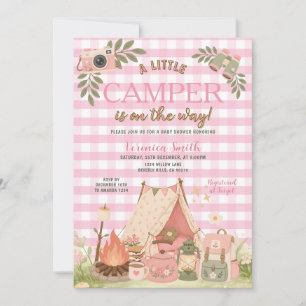 Roze Gingham Meisje Camping Baby Shower Kaart