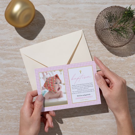 Roze Gingham Meisje Doop Oprechte Dankbaarheid Not Bedankkaart