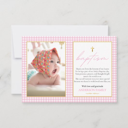 Roze Gingham Meisje Doop Oprechte Dankbaarheid Not Bedankkaart (Voorkant)