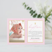 Roze Gingham Meisje Doop Oprechte Dankbaarheid Not Bedankkaart (Staand voorkant)