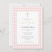 Roze Gingham Meisje Doop Uitnodiging (Voorkant)