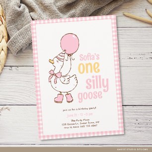 Roze Gingham Meisje One Silly Goose 1e Verjaardag Kaart