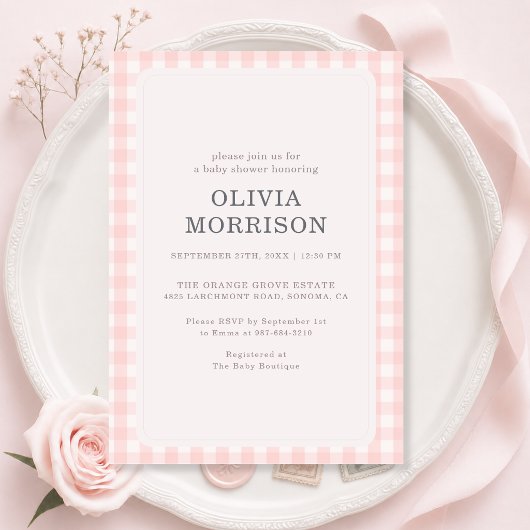 Roze Gingham Meisjes Baby Shower Kaart