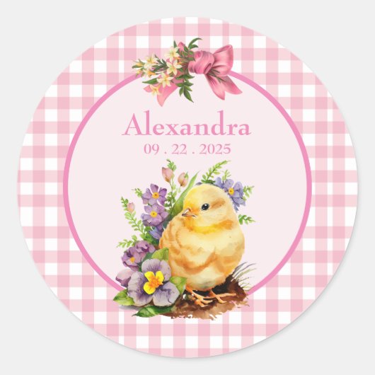Roze Gingham Meisjes Verjaardag Ronde Sticker (Voorkant)
