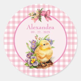 Roze Gingham Meisjes Verjaardag Ronde Sticker