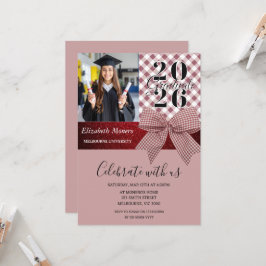 Roze Gingham Meisjesachtige Afstudeerfoto Uitnodig Kaart