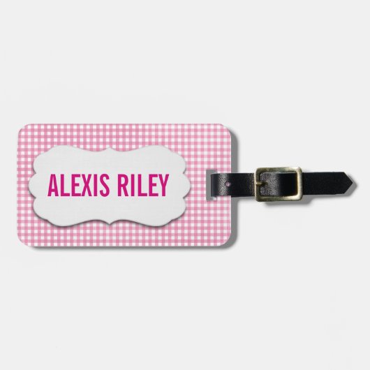 roze gingham met afgeschuinde tag bagagelabel (Voorkant horizontaal)
