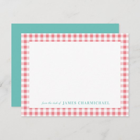 Roze Gingham met Aqua van de bureau van Bedankkaart (Voorkant / Achterkant)