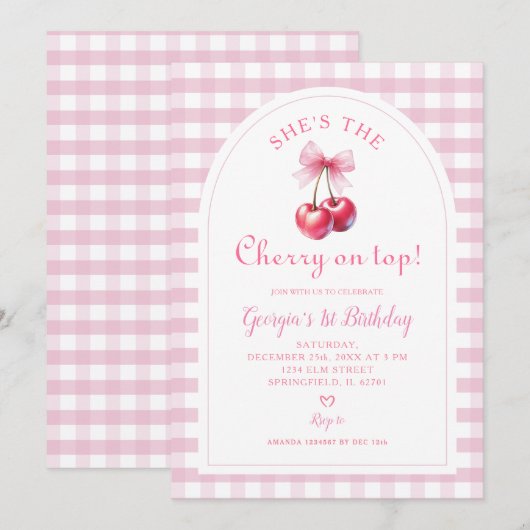 Roze Gingham met Bow She's Cherry op Top Birthday Kaart (Voorkant / Achterkant)