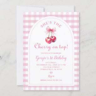Roze Gingham met Bow She's Cherry op Top Birthday Kaart
